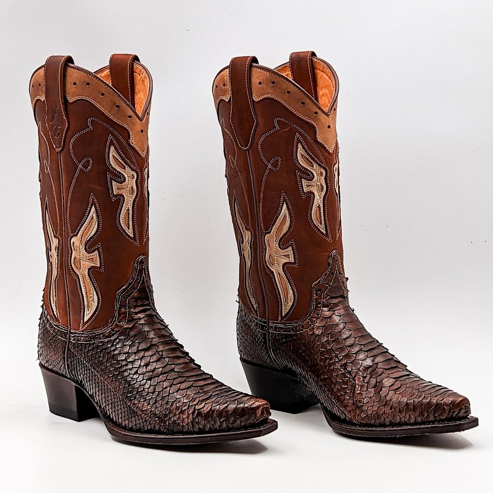 Frye Brown Leather Western Heeled Boots with Textured Scales